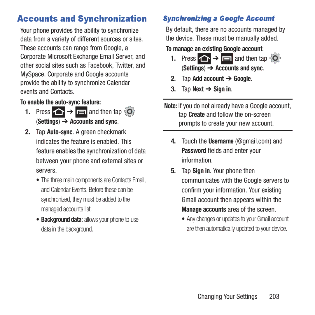 Samsung GH68-37463A Accounts and Synchronization, Synchronizing a Google Account, To enable the auto-sync feature 