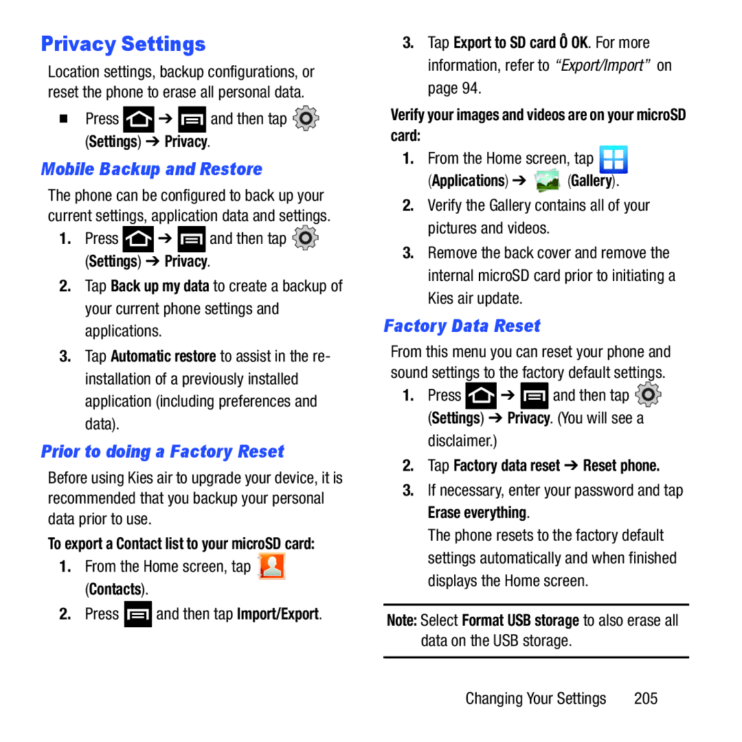 Samsung GH68-37463A user manual Privacy Settings, Mobile Backup and Restore, Prior to doing a Factory Reset 