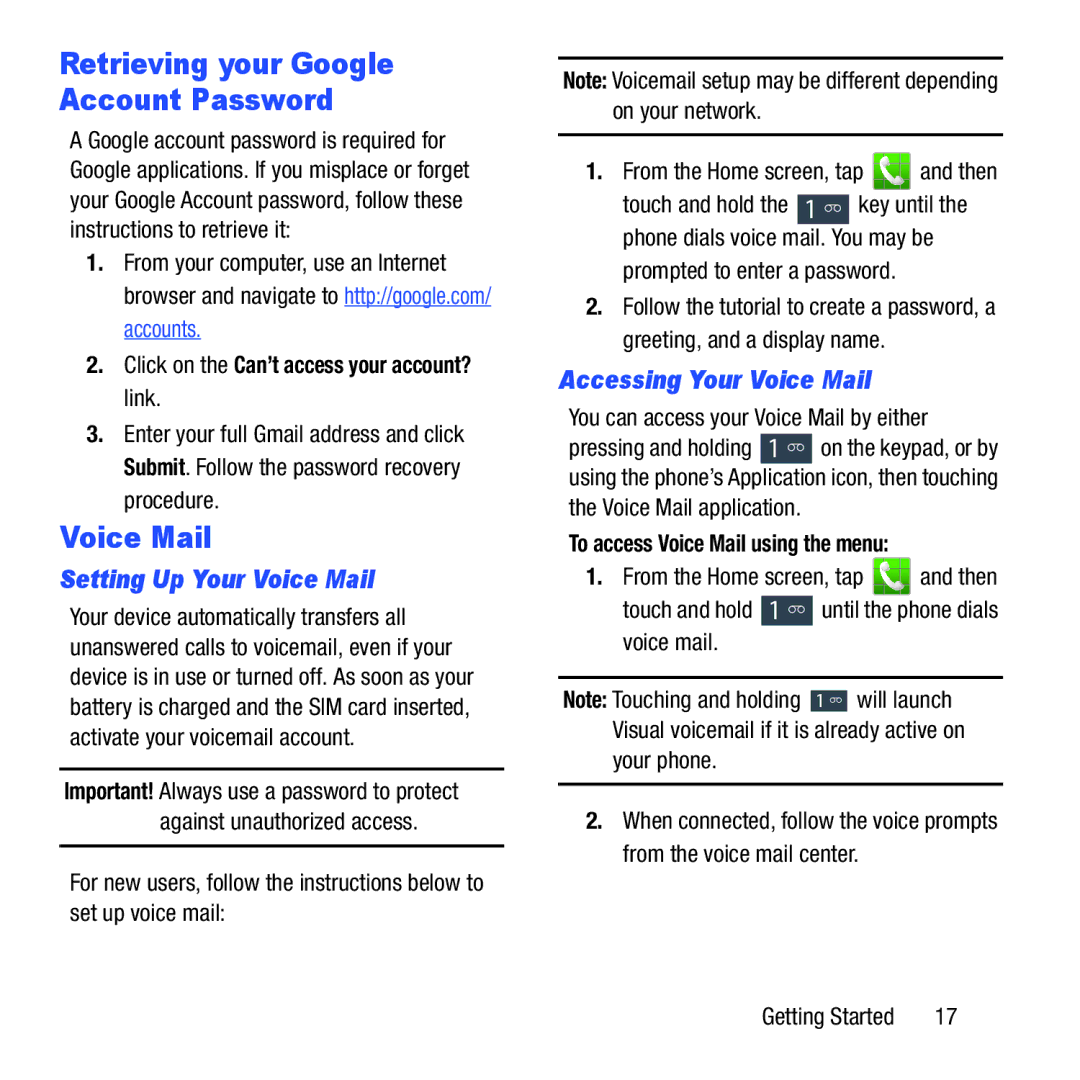 Samsung GH68-37463A user manual Setting Up Your Voice Mail, Accessing Your Voice Mail, Prompted to enter a password 