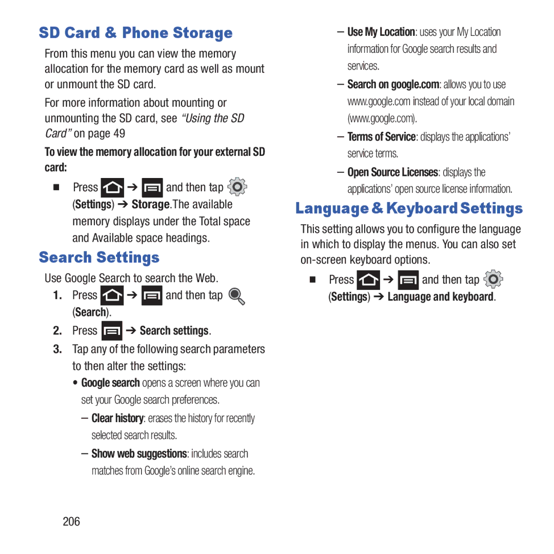 Samsung GH68-37463A user manual SD Card & Phone Storage, Search Settings, Press Search settings, 206 