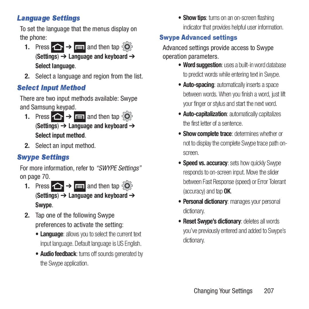 Samsung GH68-37463A user manual Language Settings, Select Input Method, Swype Advanced settings 