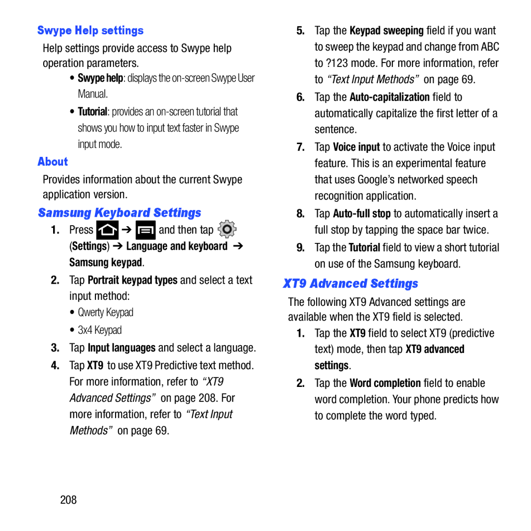 Samsung GH68-37463A user manual Samsung Keyboard Settings, XT9 Advanced Settings, Swype Help settings, About 