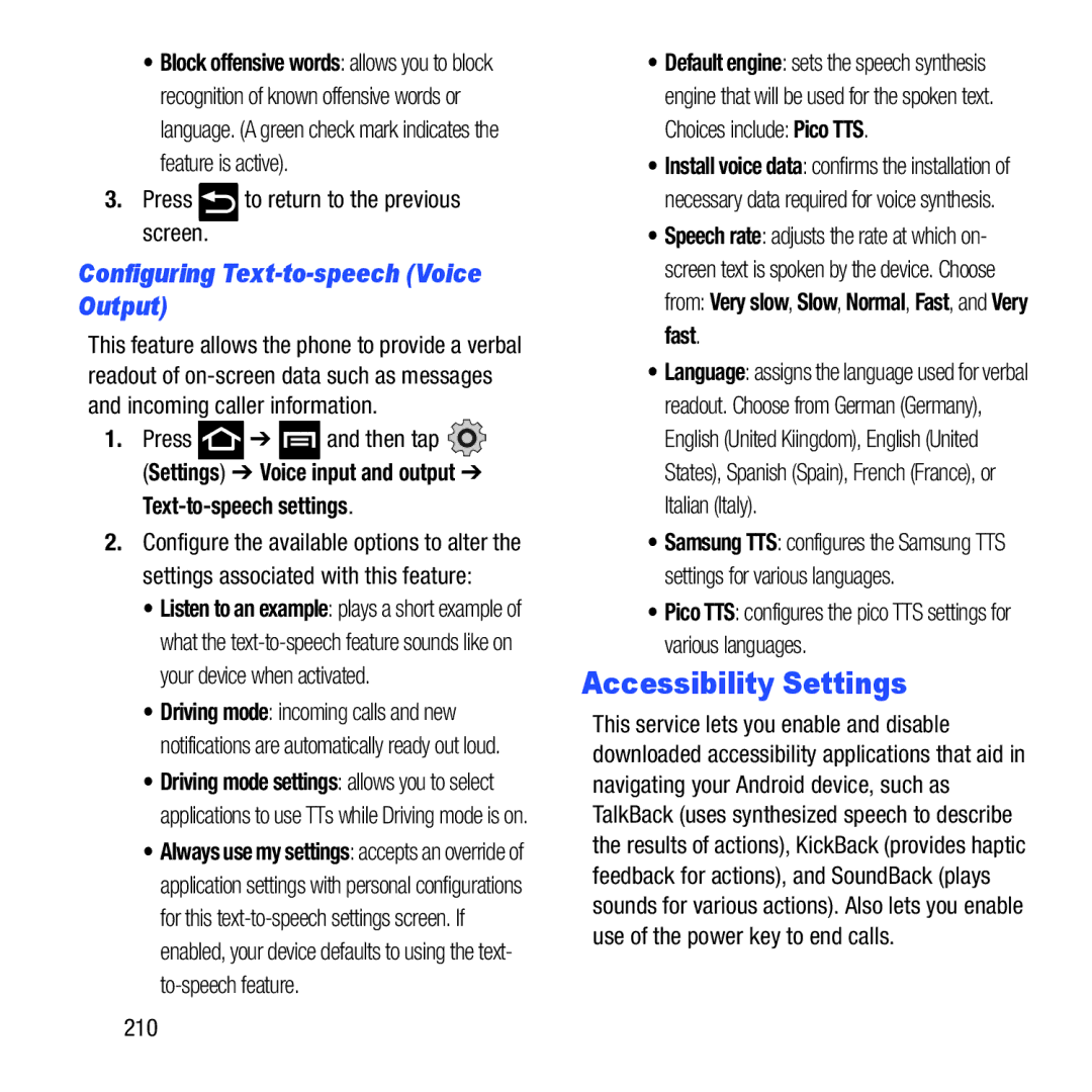 Samsung GH68-37463A Accessibility Settings, Configuring Text-to-speech Voice Output, Text-to-speech settings, 210 