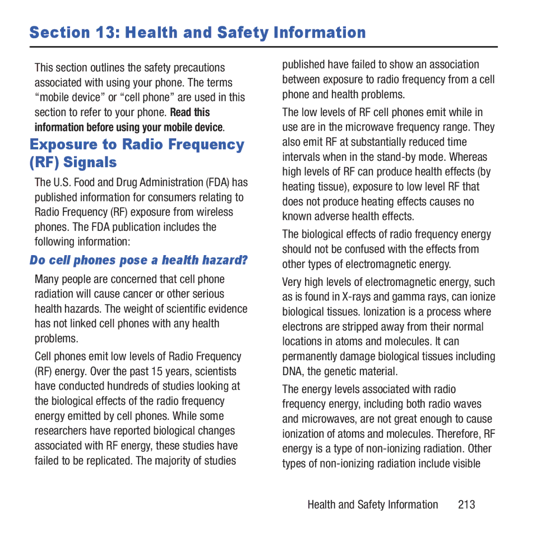 Samsung GH68-37463A user manual Health and Safety Information, Exposure to Radio Frequency RF Signals, 213 