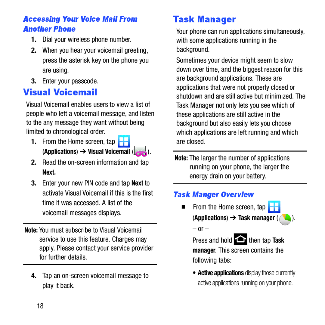 Samsung GH68-37463A Visual Voicemail, Task Manager, Accessing Your Voice Mail From Another Phone, Task Manger Overview 