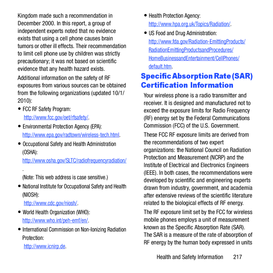 Samsung GH68-37463A user manual SpecificAbsorptionRateSAR Certification Information, 217 