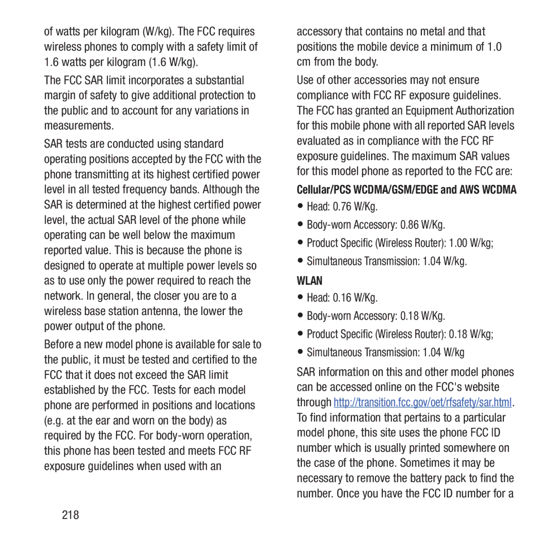 Samsung GH68-37463A user manual Head 0.76 W/Kg Body-worn Accessory 0.86 W/Kg, Simultaneous Transmission 1.04 W/kg, 218 