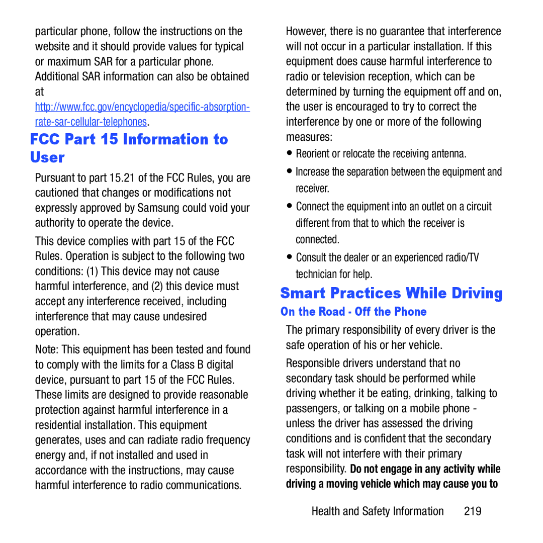 Samsung GH68-37463A FCC Part 15 Information to User, Smart Practices While Driving, On the Road Off the Phone, 219 