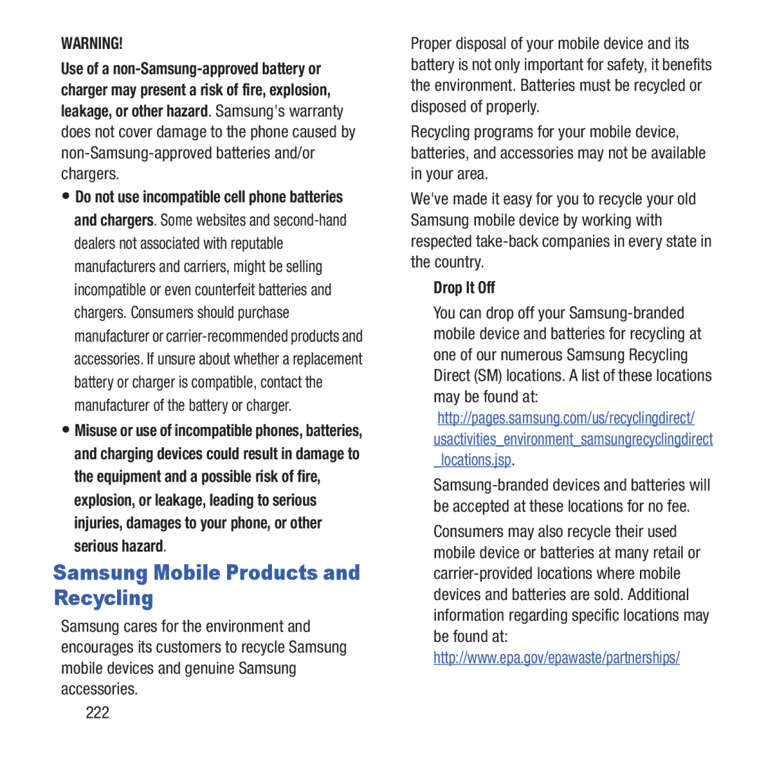 Samsung GH68-37463A user manual Samsung Mobile Products and Recycling, Drop It Off, 222 