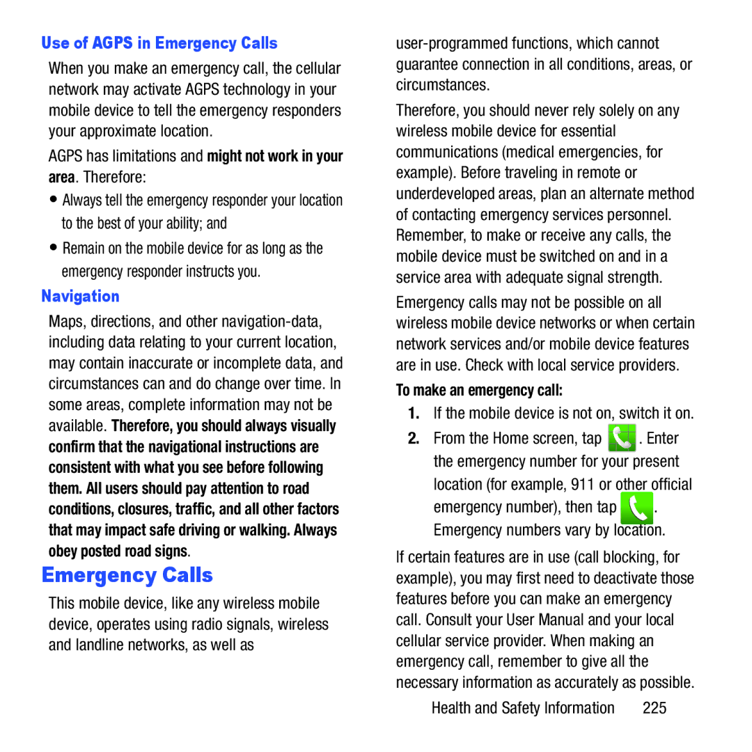 Samsung GH68-37463A user manual Use of Agps in Emergency Calls, Navigation, To make an emergency call 