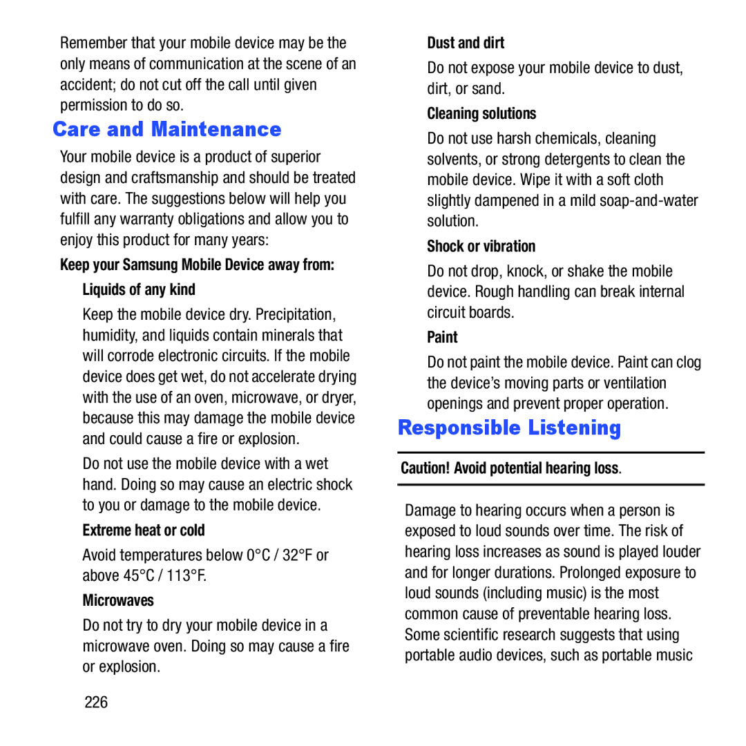 Samsung GH68-37463A user manual Care and Maintenance, Responsible Listening 