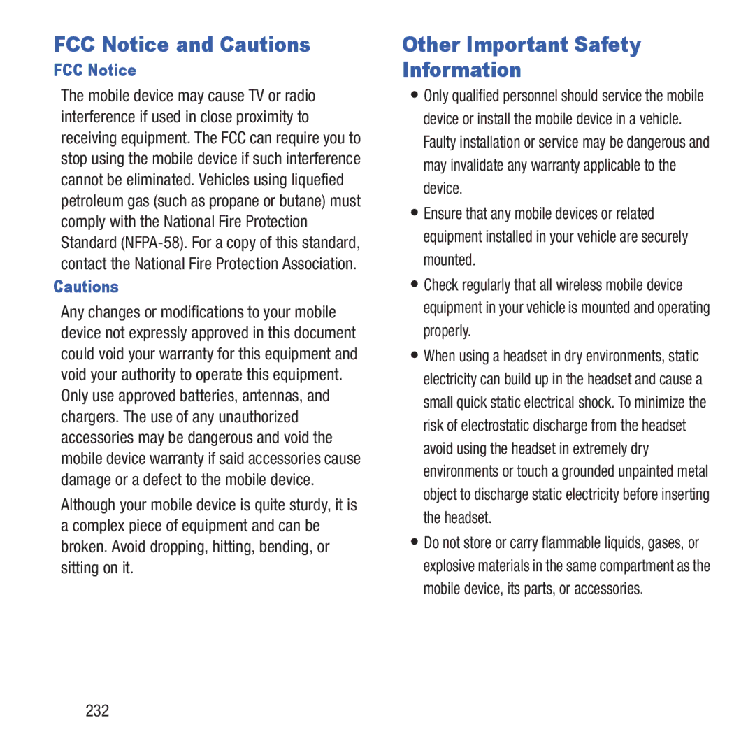 Samsung GH68-37463A user manual FCC Notice and Cautions, Other Important Safety Information, 232 