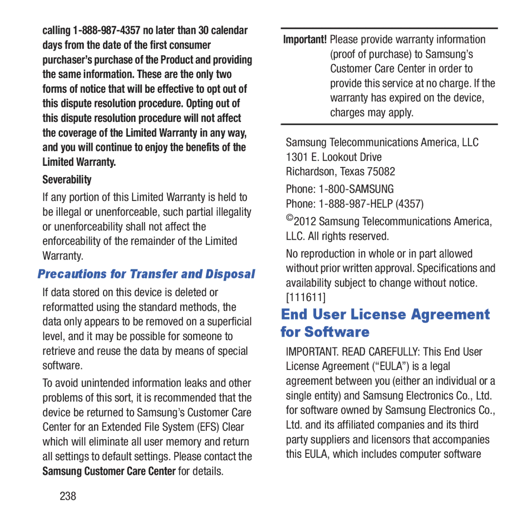 Samsung GH68-37463A user manual End User License Agreement for Software, Severability, 238 