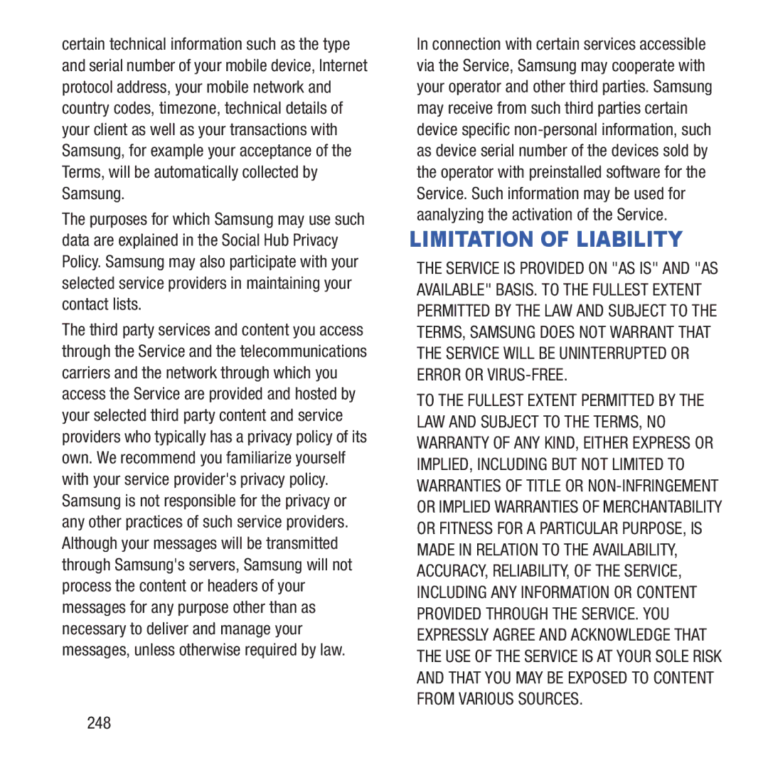 Samsung GH68-37463A user manual Limitation of Liability, 248 