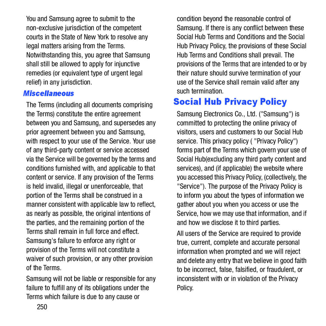 Samsung GH68-37463A user manual Social Hub Privacy Policy, Miscellaneous, 250 