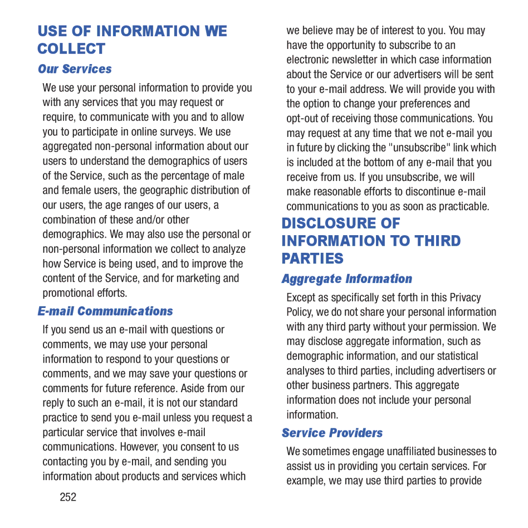 Samsung GH68-37463A user manual Our Services, Mail Communications, Aggregate Information, Service Providers, 252 