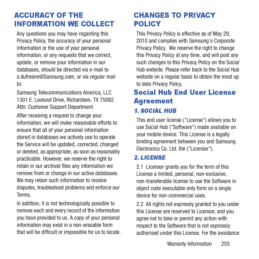 Samsung GH68-37463A user manual Social Hub End User License Agreement, Samsung Telecommunications America, LLC, 255 