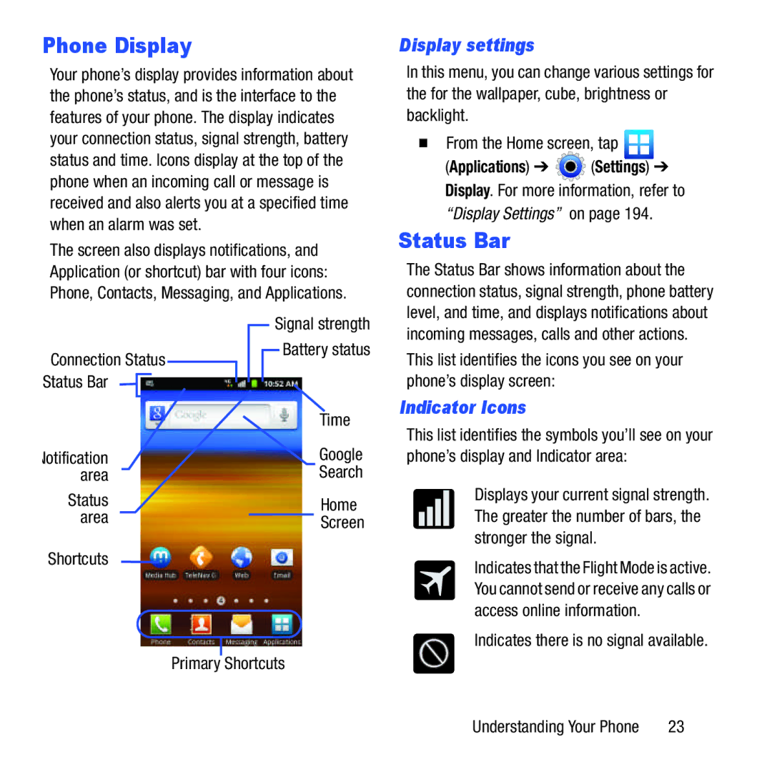Samsung GH68-37463A user manual Phone Display, Status Bar, Display settings, Indicator Icons 