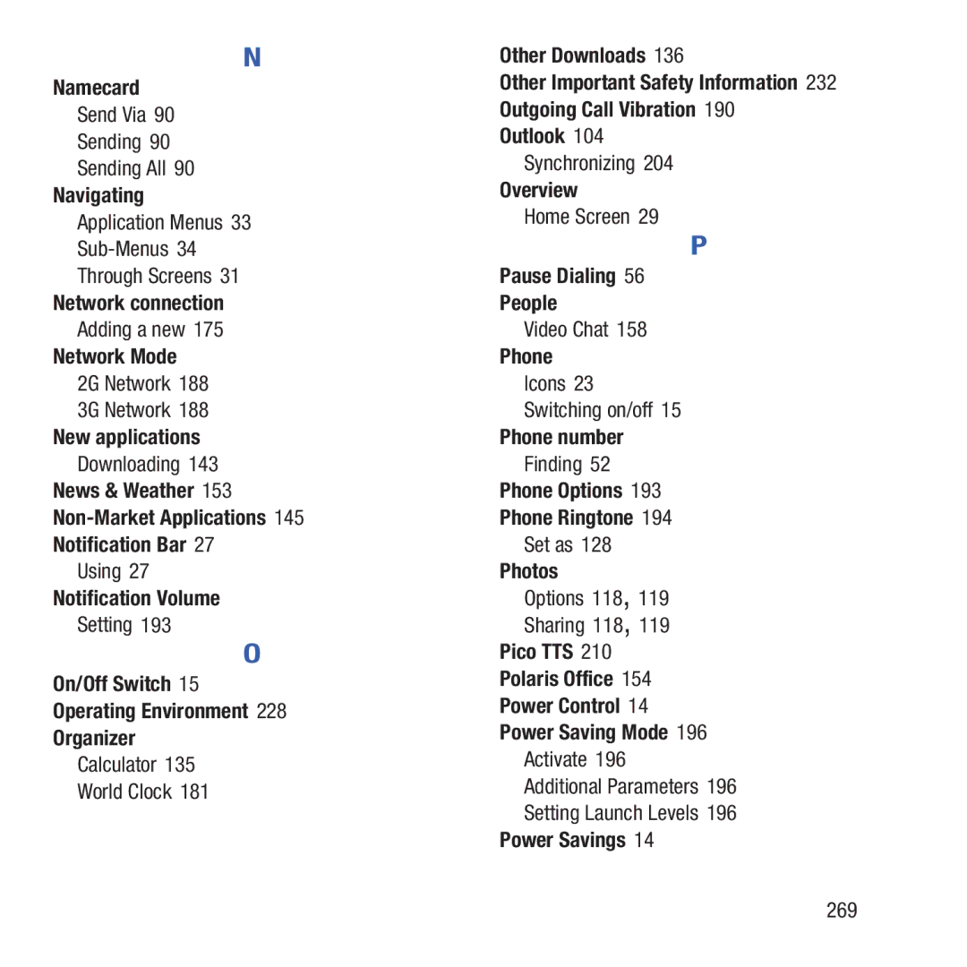 Samsung GH68-37463A Namecard, Navigating, Network connection, Network Mode, New applications, Notification Volume, Phone 