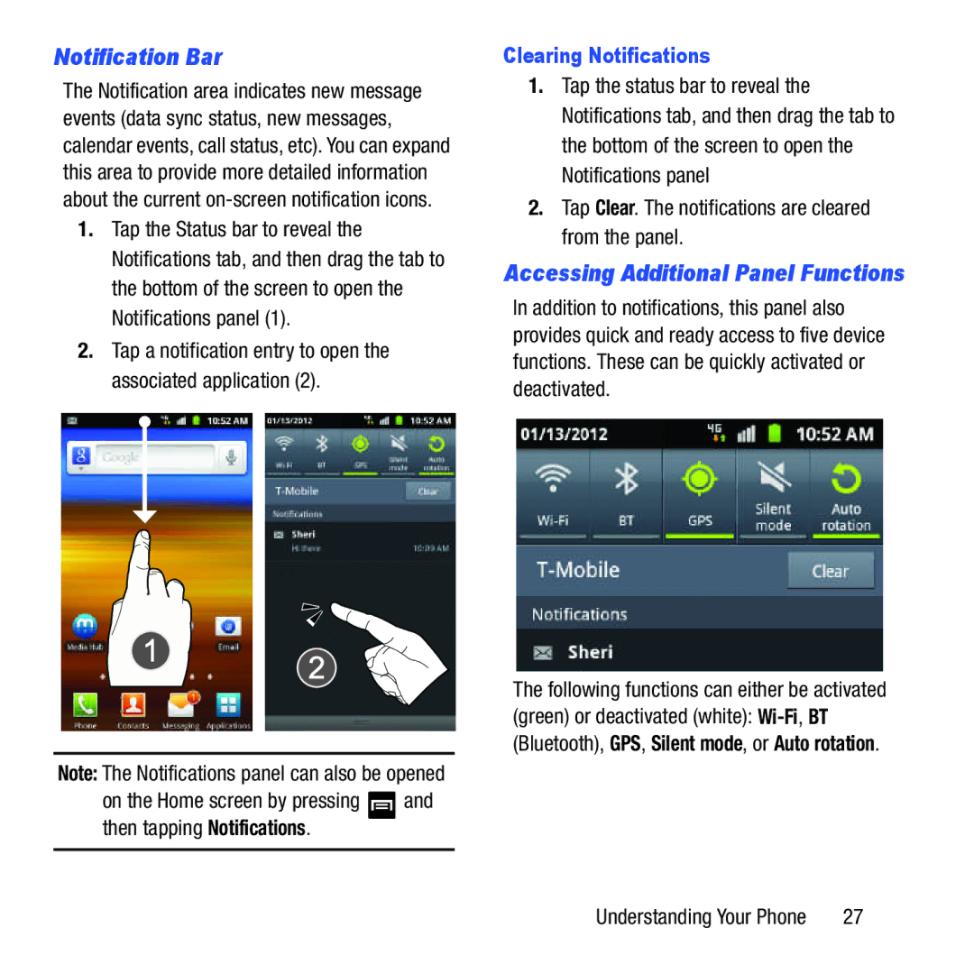 Samsung GH68-37463A user manual Notification Bar, Clearing Notifications, Accessing Additional Panel Functions 