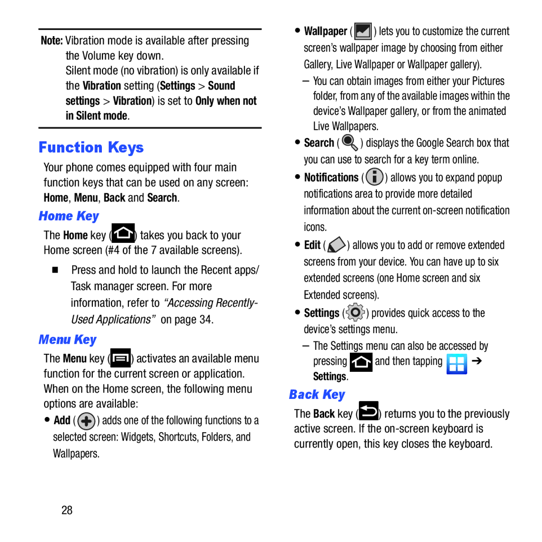 Samsung GH68-37463A user manual Function Keys, Home Key, Menu Key, Back Key, Silent mode 