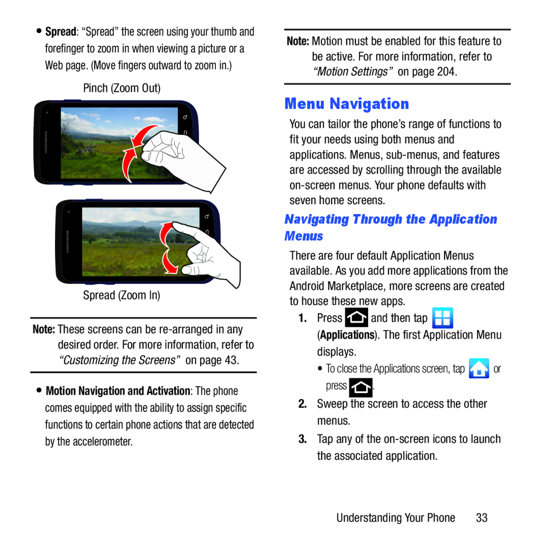 Samsung GH68-37463A user manual Menu Navigation, Navigating Through the Application Menus, Pinch Zoom Out Spread Zoom 