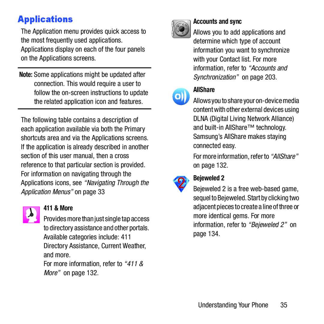 Samsung GH68-37463A user manual Applications, 411 & More, Accounts and sync, AllShare, Bejeweled 