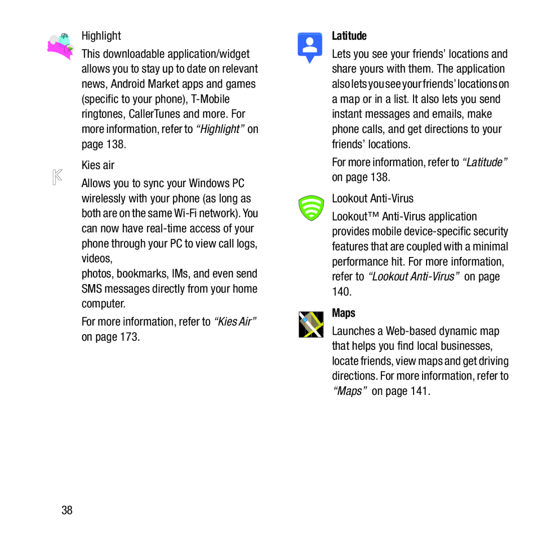 Samsung GH68-37463A user manual Highlight, Kies air, For more information, refer to Kies Air on, Latitude, Maps 