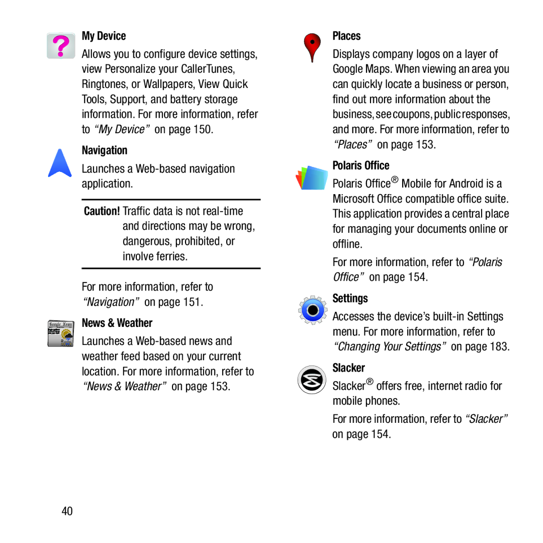 Samsung GH68-37463A user manual My Device, Navigation, News & Weather, Places, Polaris Office, Settings, Slacker 