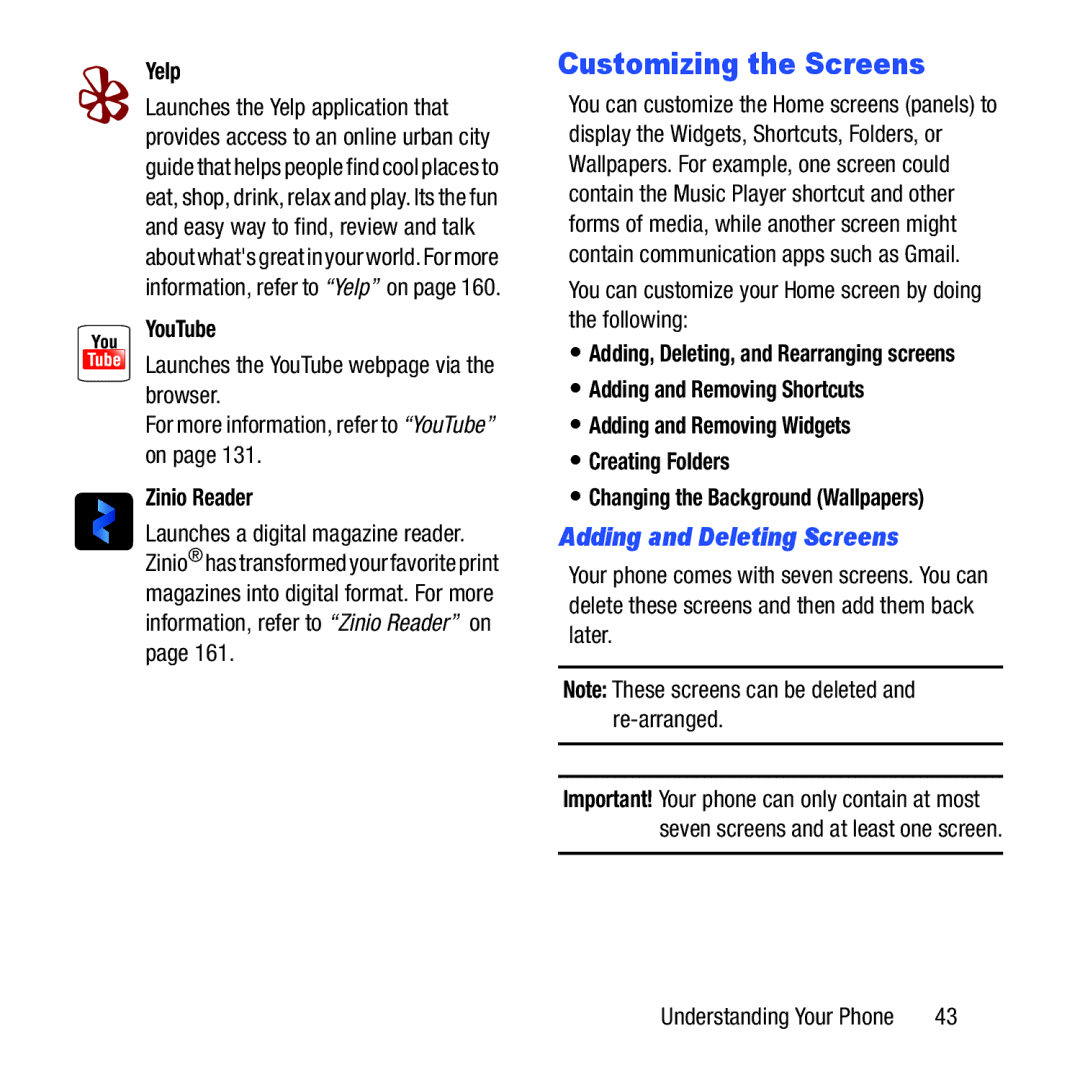 Samsung GH68-37463A user manual Customizing the Screens, Adding and Deleting Screens, Yelp, YouTube, Zinio Reader 
