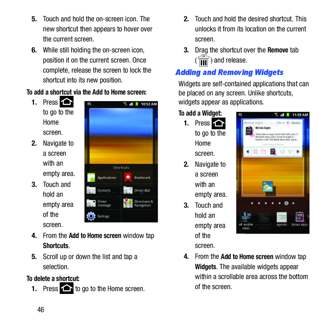 Samsung GH68-37463A Adding and Removing Widgets, From the Add to Home screen window tap Shortcuts, To delete a shortcut 