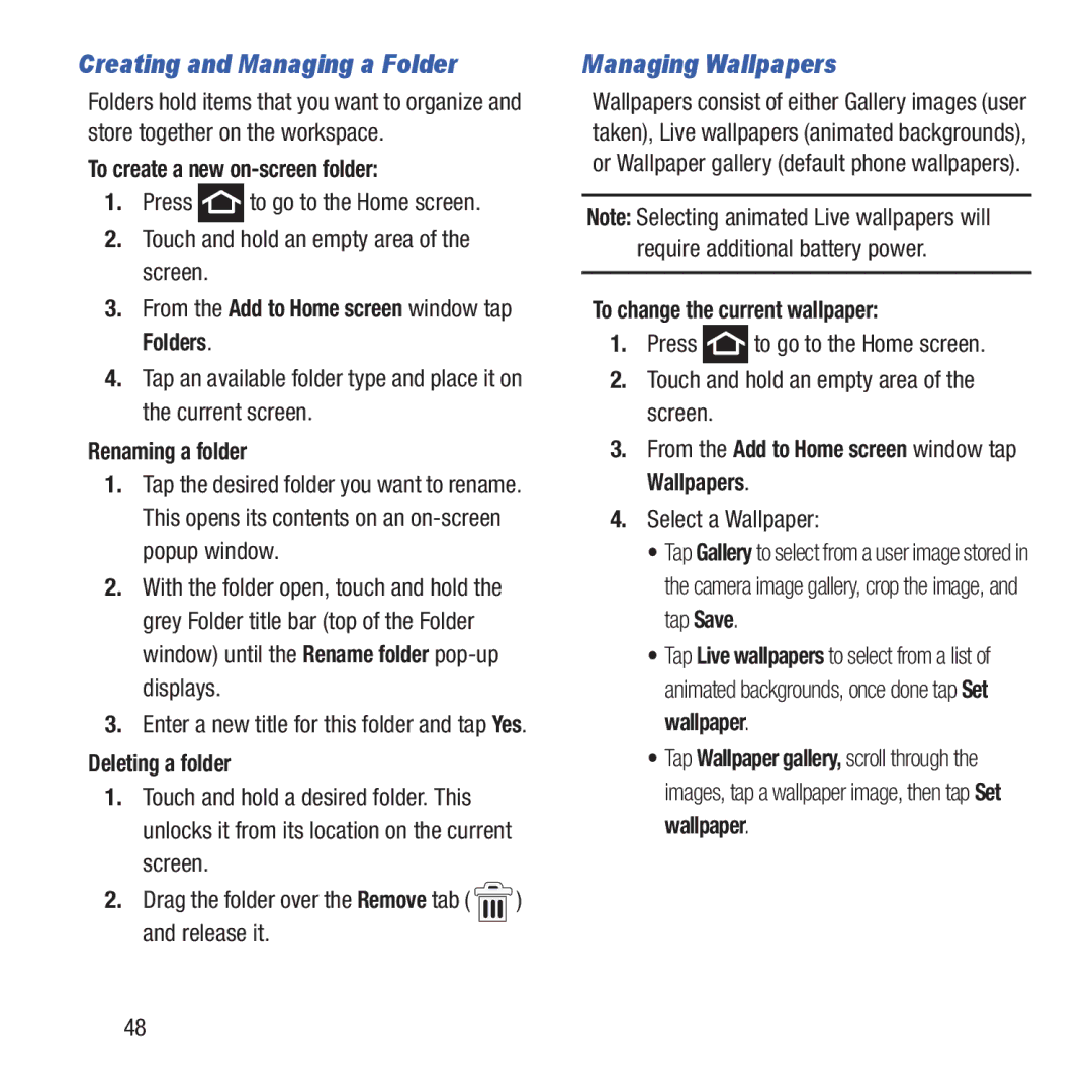 Samsung GH68-37463A user manual Creating and Managing a Folder, Managing Wallpapers 