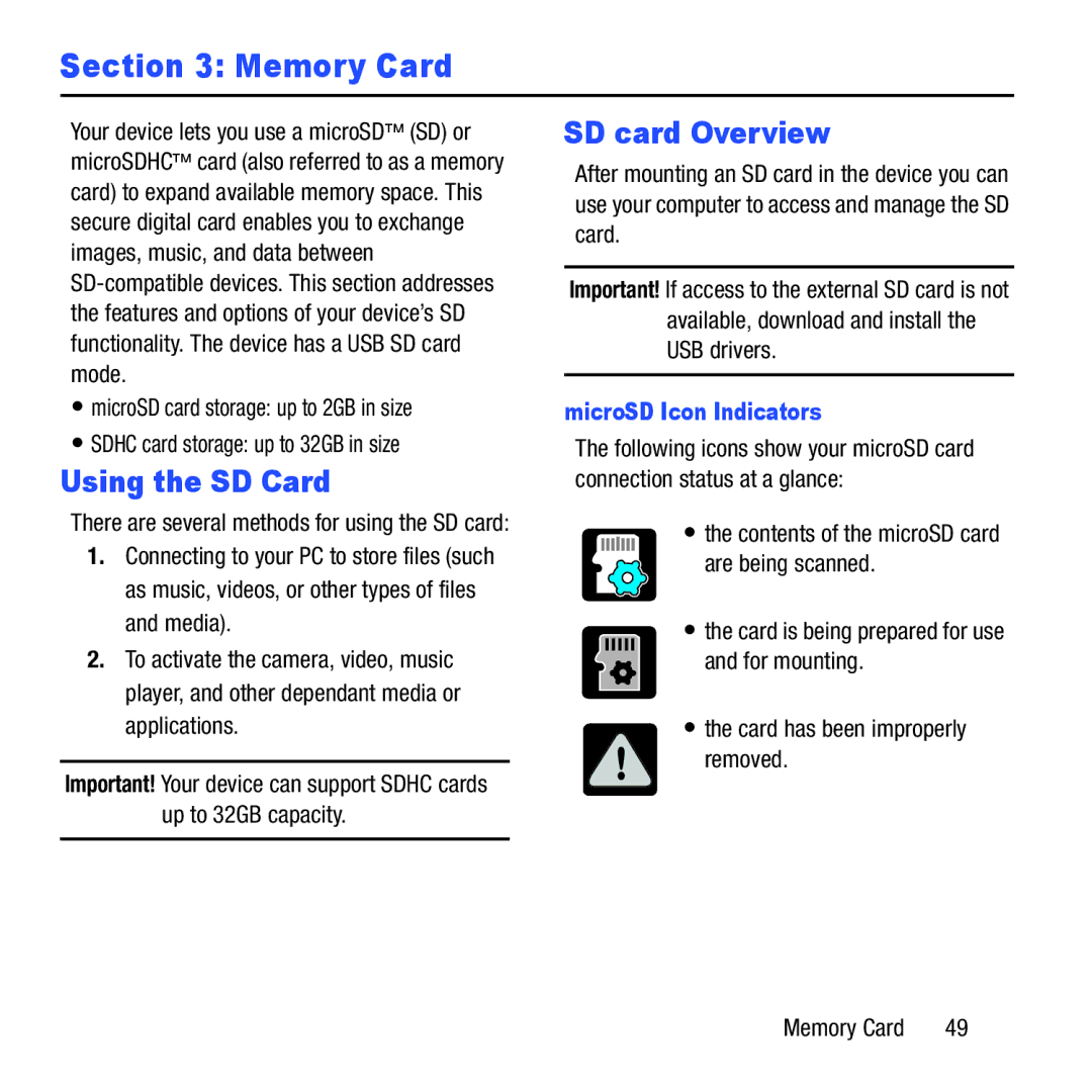 Samsung GH68-37463A user manual Memory Card, Using the SD Card, SD card Overview, MicroSD Icon Indicators 