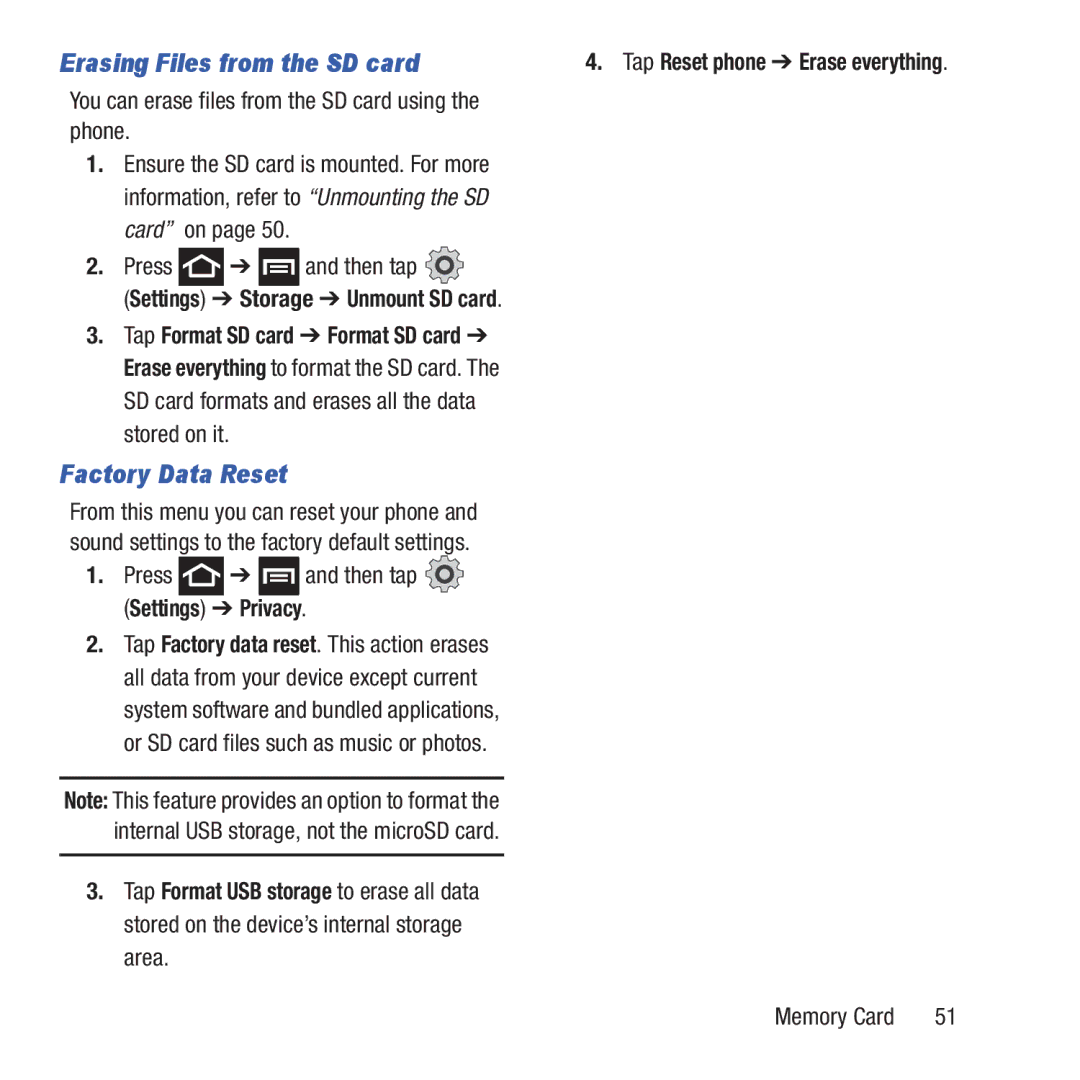 Samsung GH68-37463A user manual Erasing Files from the SD card, Factory Data Reset, Press and then tap 