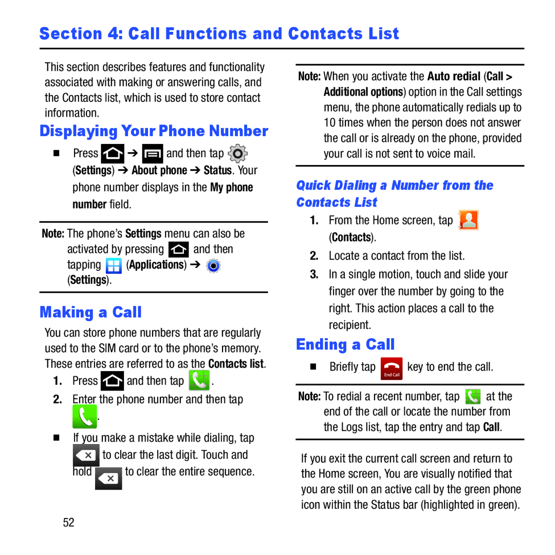 Samsung GH68-37463A Call Functions and Contacts List, Displaying Your Phone Number, Making a Call, Ending a Call 