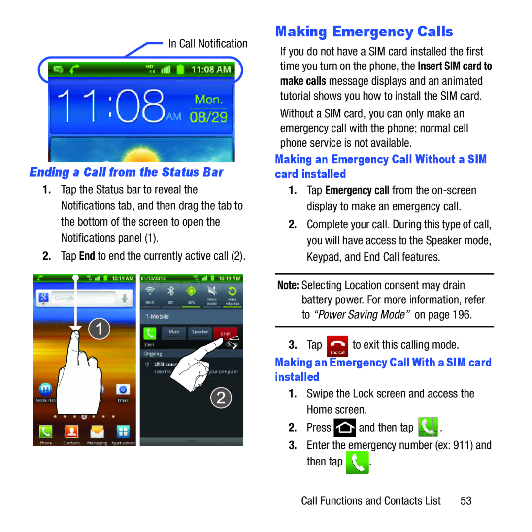 Samsung GH68-37463A user manual Making Emergency Calls, Ending a Call from the Status Bar 