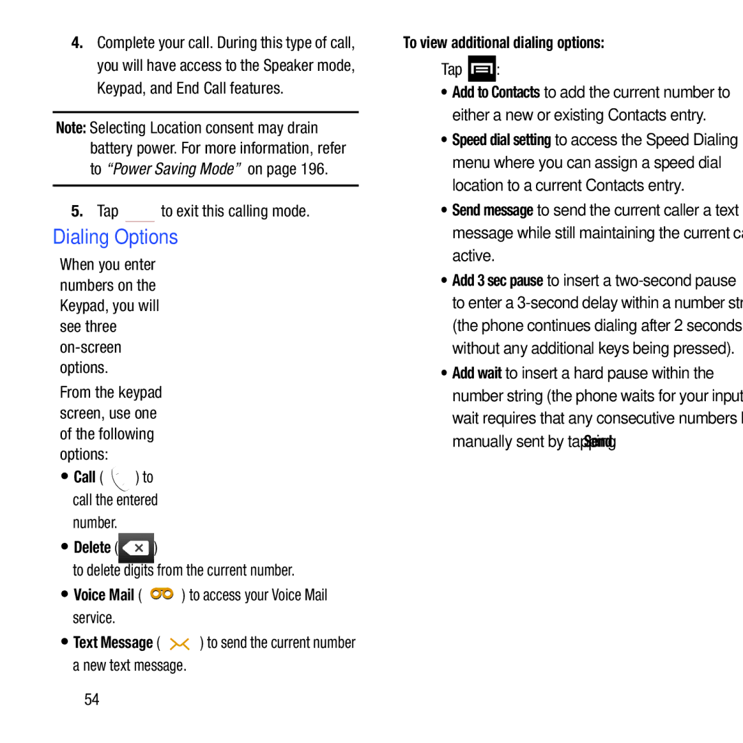 Samsung GH68-37463A user manual Dialing Options, Number, Delete, To view additional dialing options,  Tap 