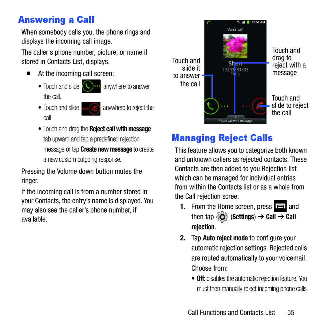 Samsung GH68-37463A user manual Answering a Call, Managing Reject Calls, Drag to, Slide it Message, Call Touch 