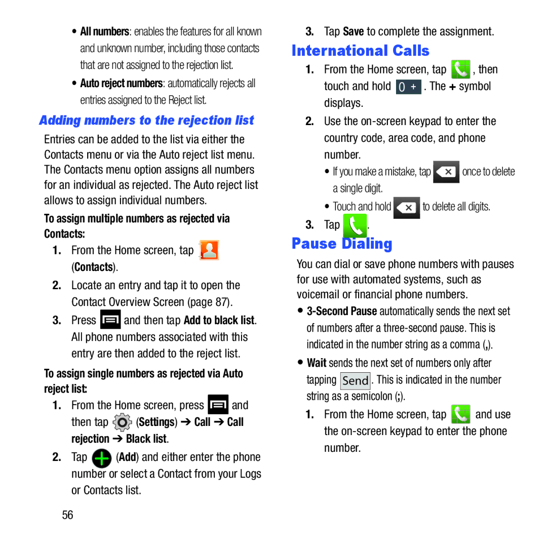 Samsung GH68-37463A user manual International Calls, Pause Dialing, Adding numbers to the rejection list 