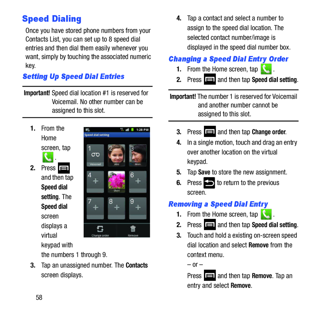 Samsung GH68-37463A user manual Speed Dialing, Setting Up Speed Dial Entries, Removing a Speed Dial Entry 