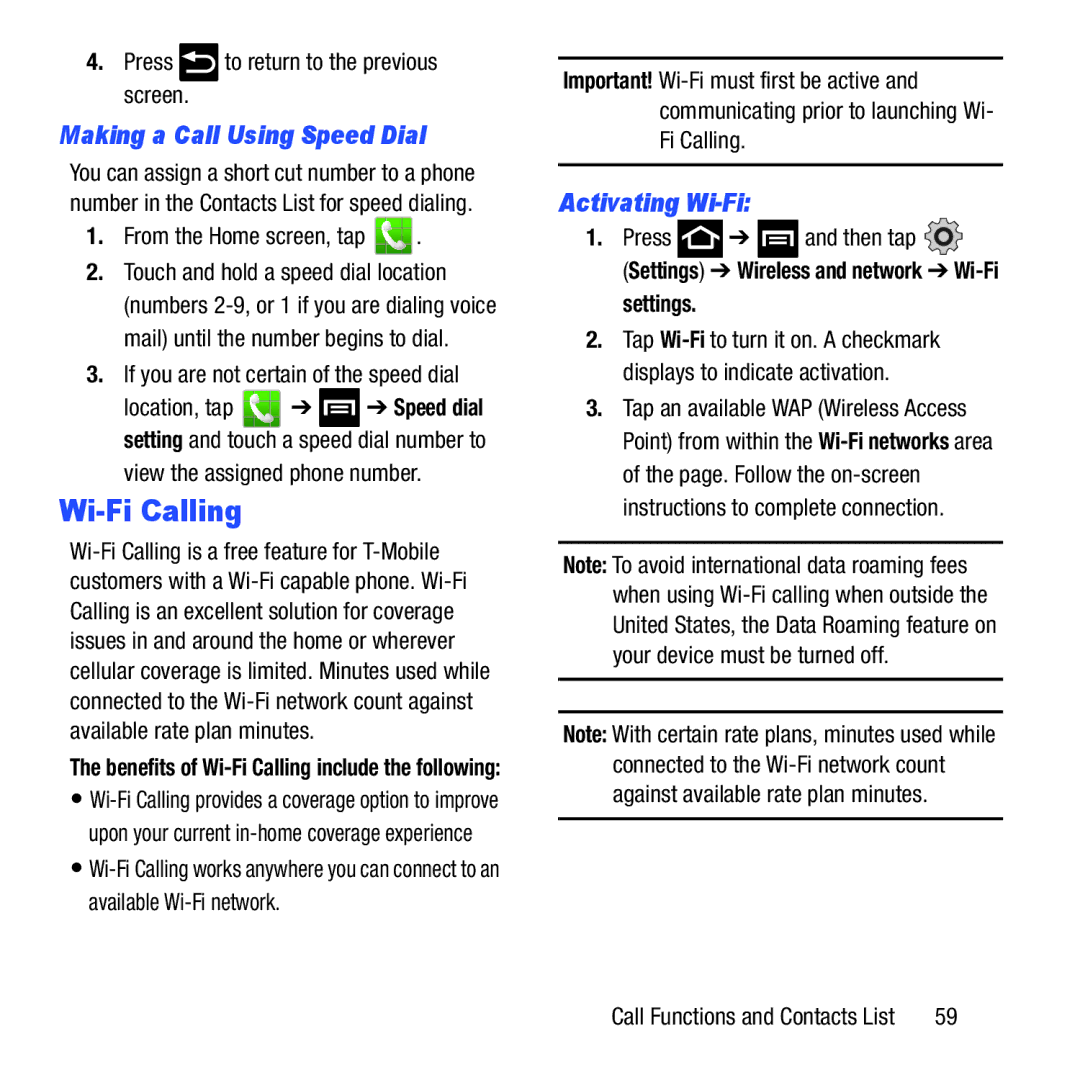 Samsung GH68-37463A user manual Wi-Fi Calling, Making a Call Using Speed Dial, Activating Wi-Fi 