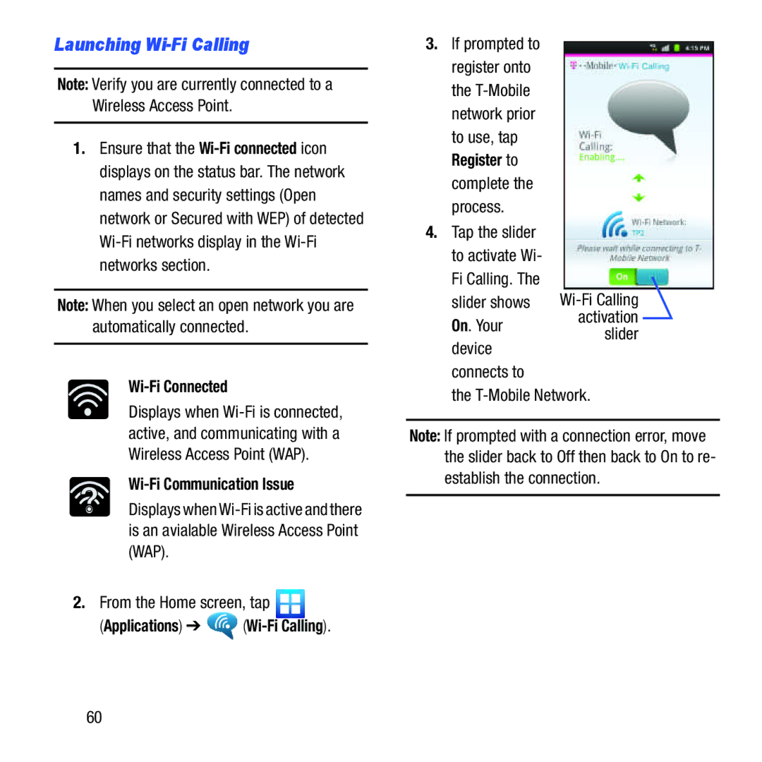 Samsung GH68-37463A user manual Launching Wi-Fi Calling, Wi-Fi Connected, Wi-Fi Communication Issue, Register to 