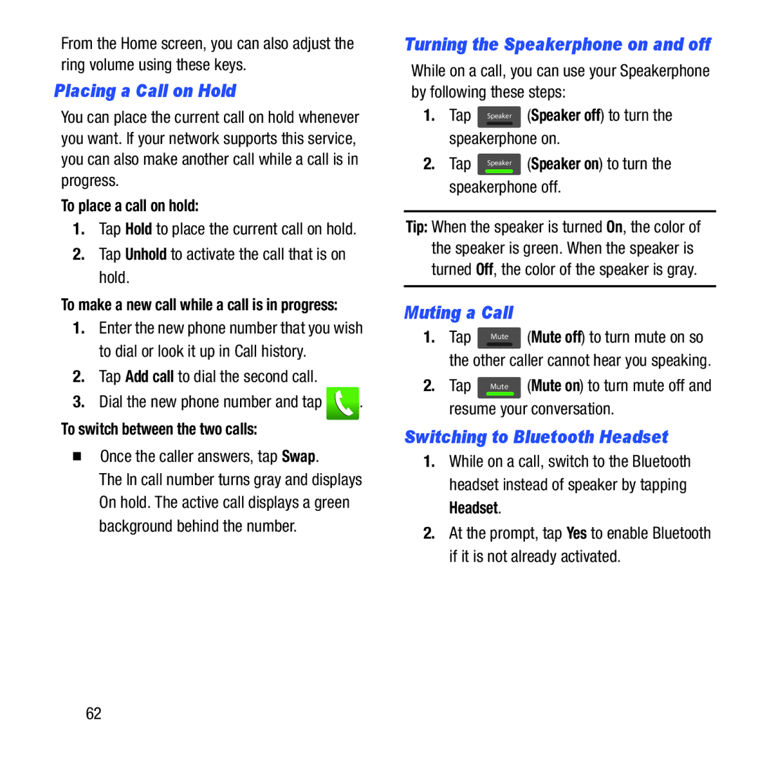 Samsung GH68-37463A user manual Placing a Call on Hold, Muting a Call, Switching to Bluetooth Headset 