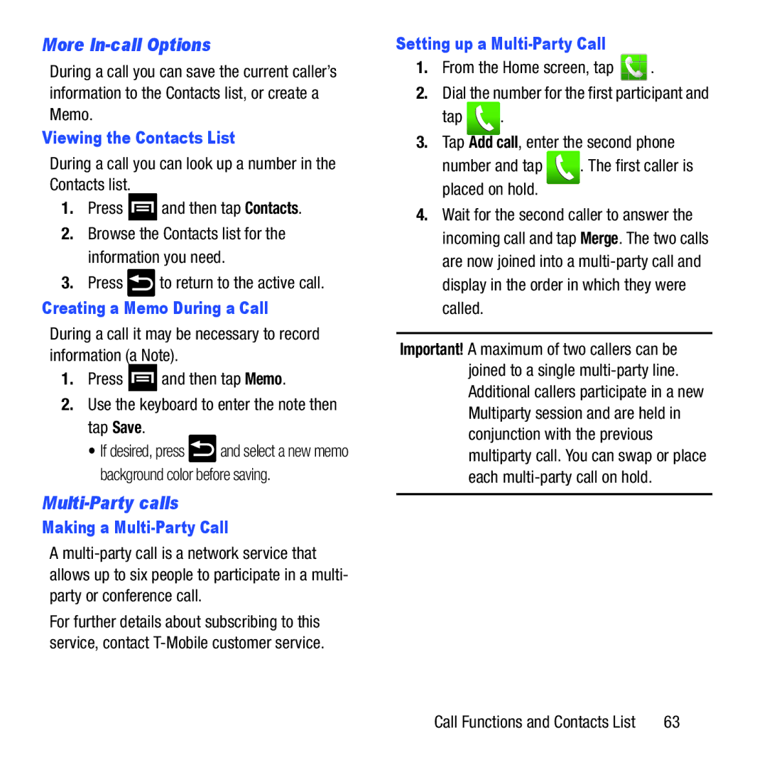 Samsung GH68-37463A user manual More In-call Options, Multi-Party calls 