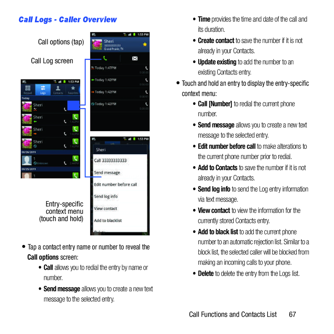 Samsung GH68-37463A user manual Call Logs Caller Overview, Call options tap Call Log screen 