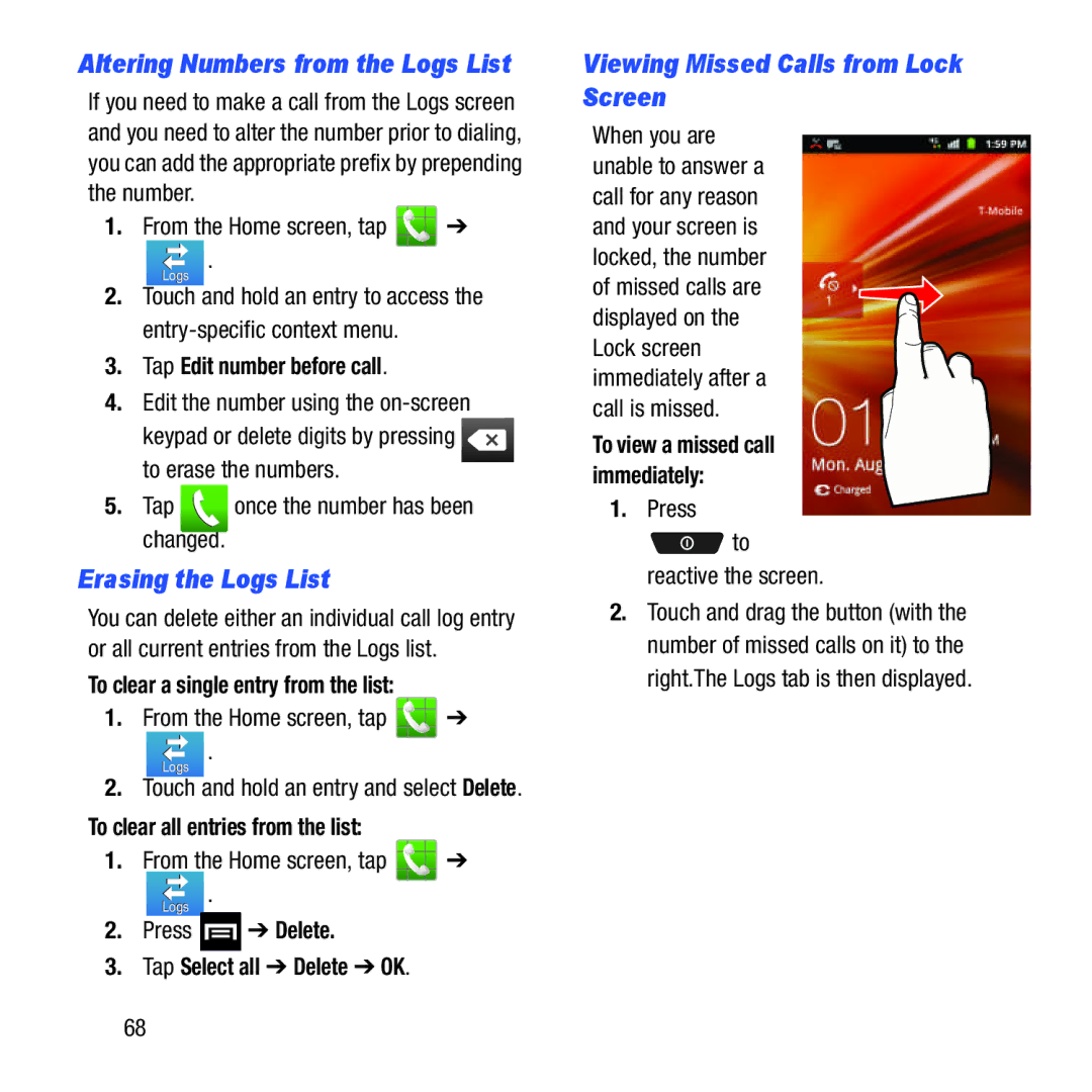 Samsung GH68-37463A Viewing Missed Calls from Lock Screen, Erasing the Logs List, Altering Numbers from the Logs List 