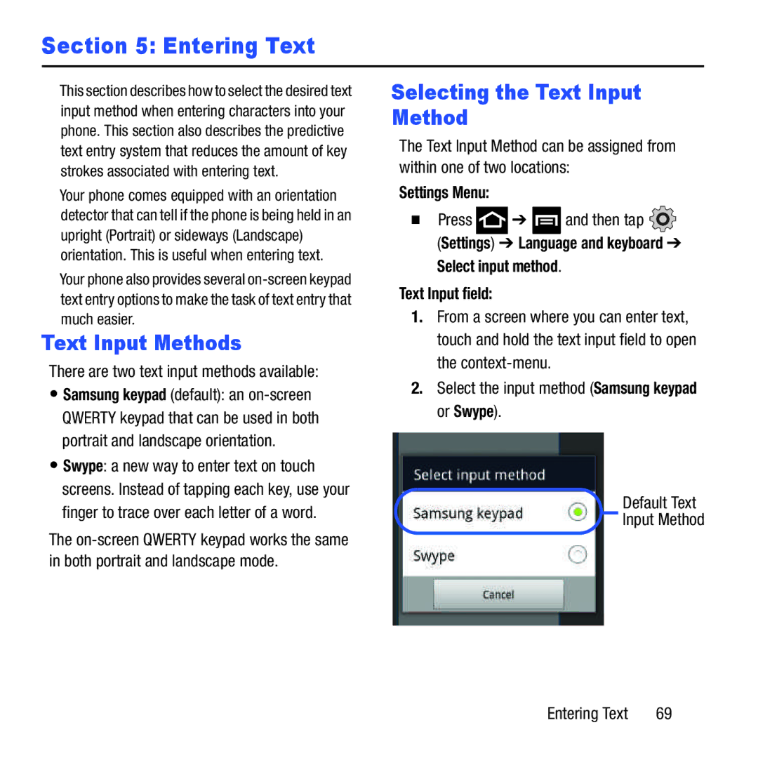 Samsung GH68-37463A user manual Entering Text, Text Input Methods, Selecting the Text Input Method, Settings Menu 