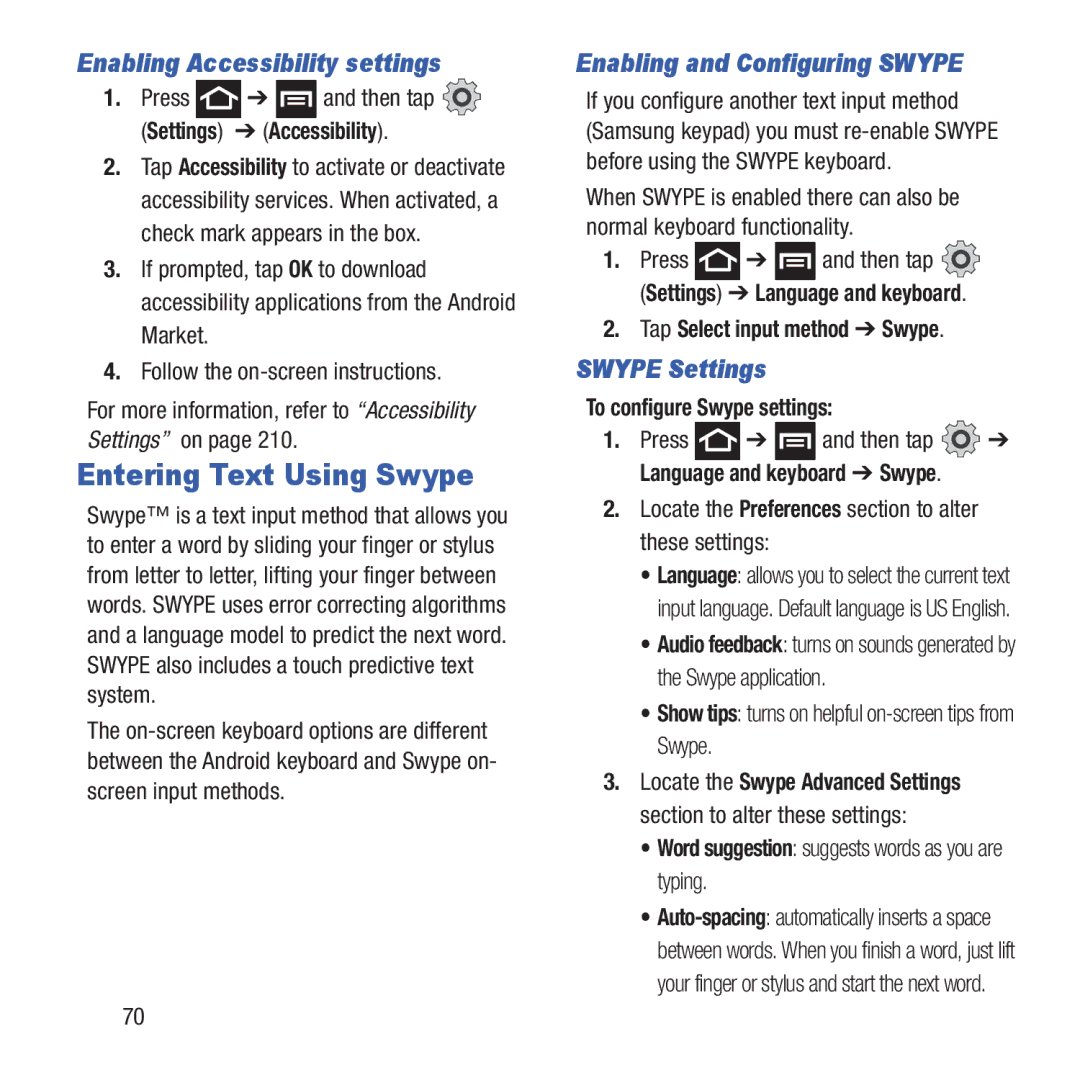 Samsung GH68-37463A user manual Entering Text Using Swype, Enabling Accessibility settings, Enabling and Configuring Swype 