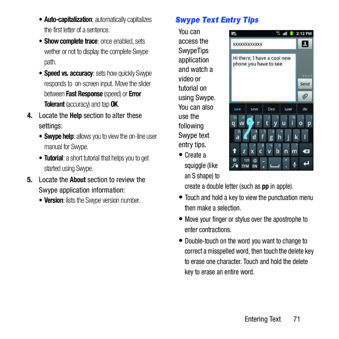 Samsung GH68-37463A user manual Swype Text Entry Tips, Locate the Help section to alter these settings 