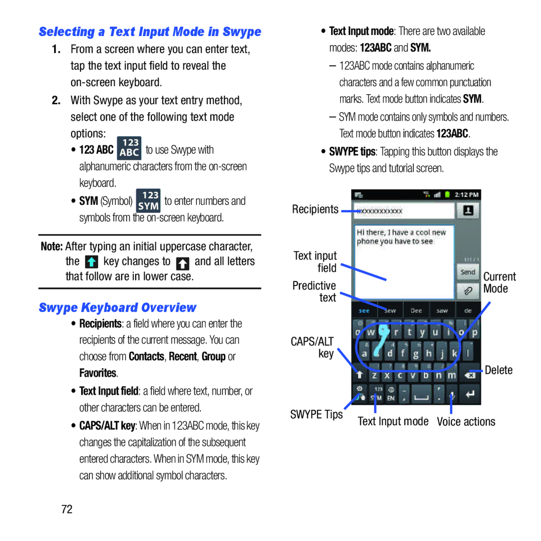 Samsung GH68-37463A user manual Swype Keyboard Overview, Selecting a Text Input Mode in Swype, Modes 123ABC and SYM 